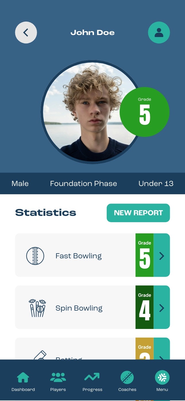 A player record in the coach view, graded skill by skill